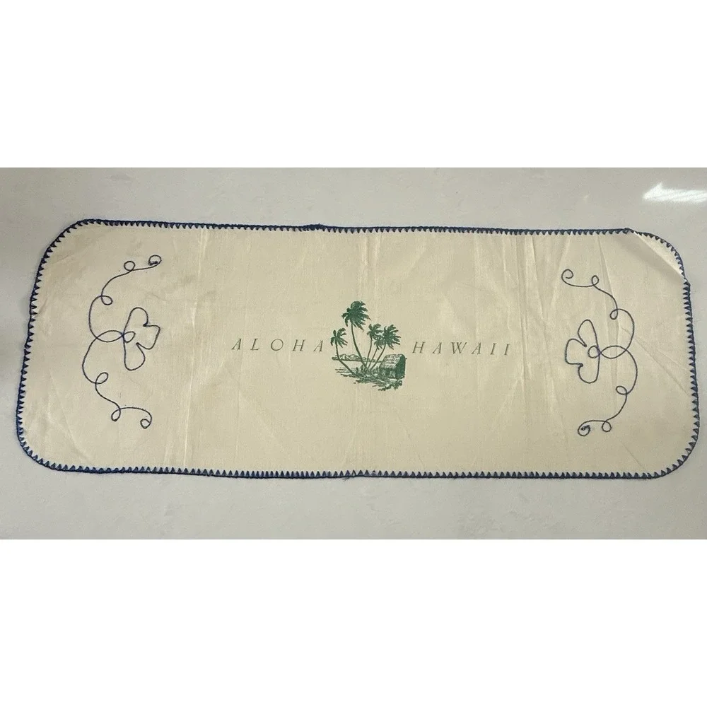 Vintage Aloha Hawaii Table Runner Blue Embroidered‎ Trim Island MCM Hawaiian